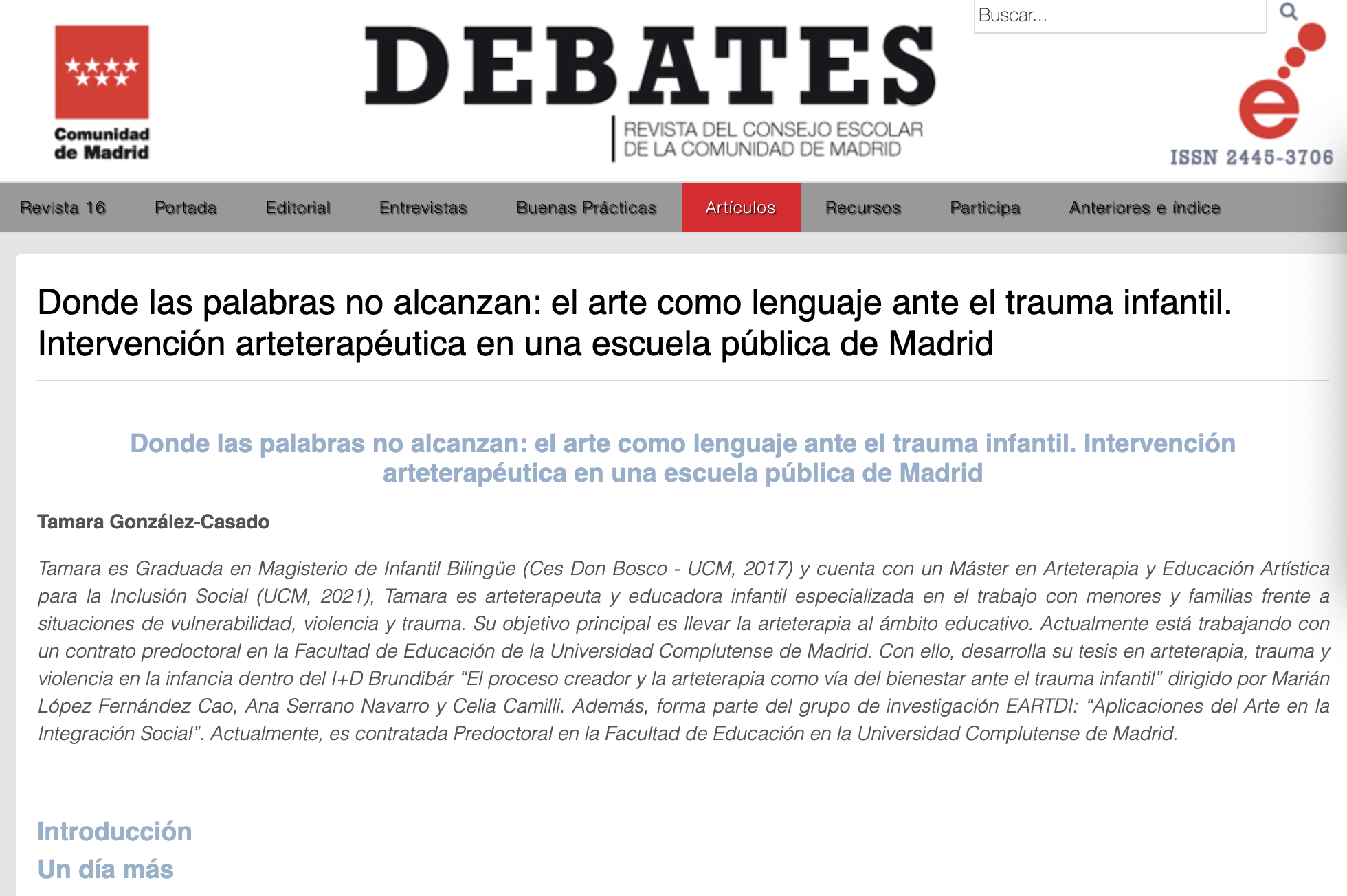 el proyecto i+D Brundibar en la revista DEBATES, del Consejo Escolar de la Comunidad de Madrid